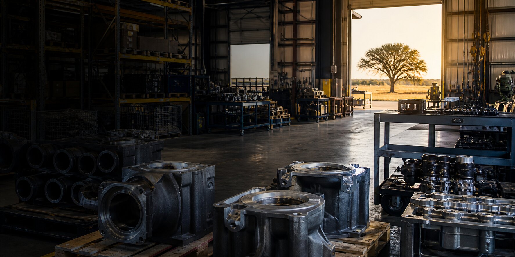 Industrial assembly space with organized metal components and work areas