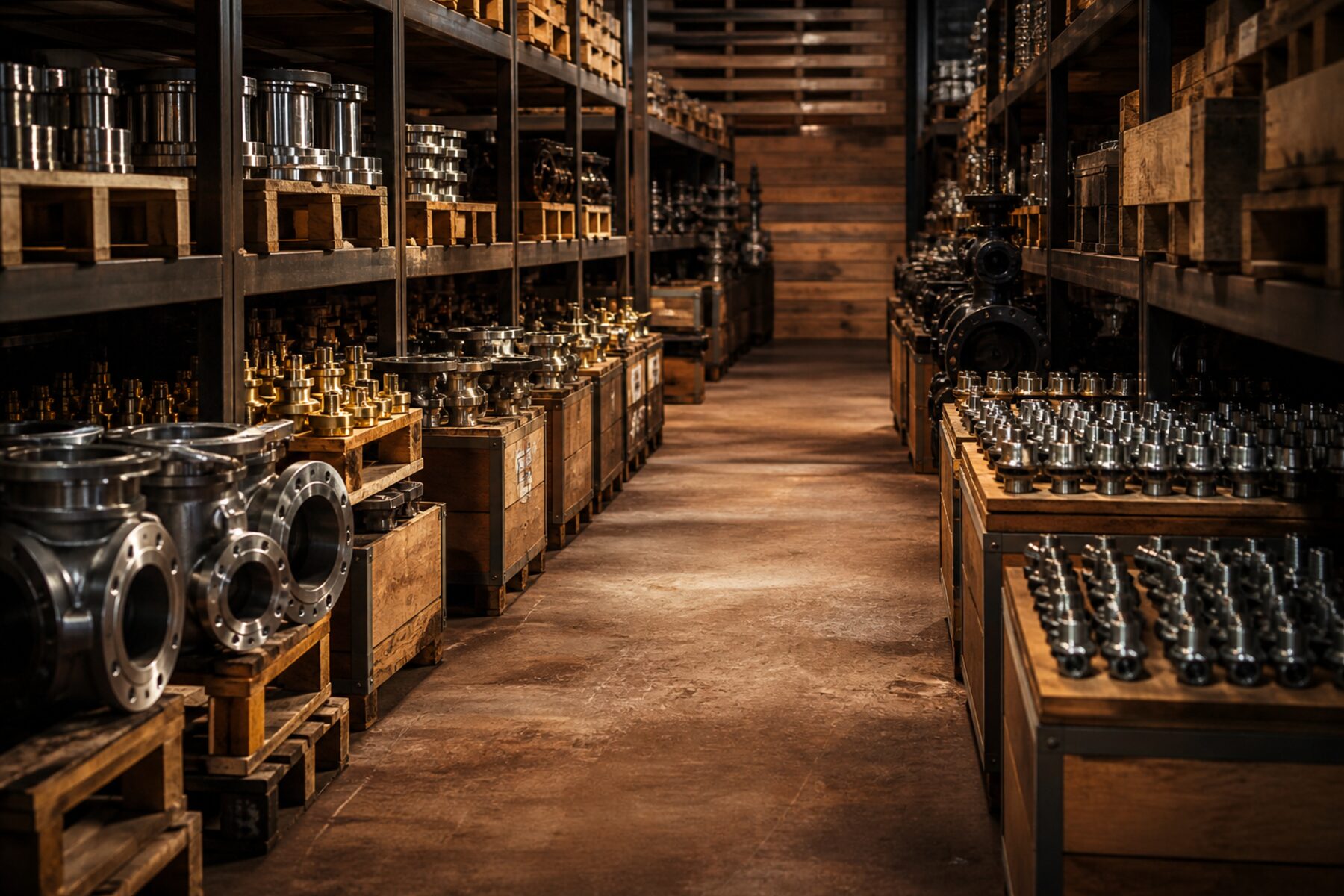 Organized warehouse aisle with industrial parts, pallets, and crates